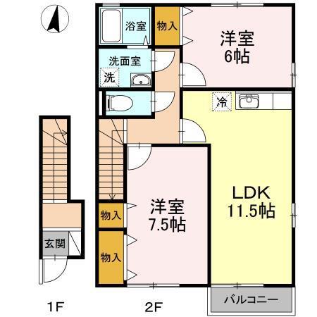 ローズコートヤマダB(2LDK/2階)の間取り写真