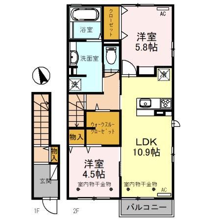 錦ガーデン 東(2LDK/2階)の間取り写真