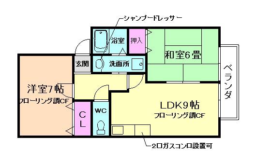 ドミール箕面(2LDK/2階)の間取り写真
