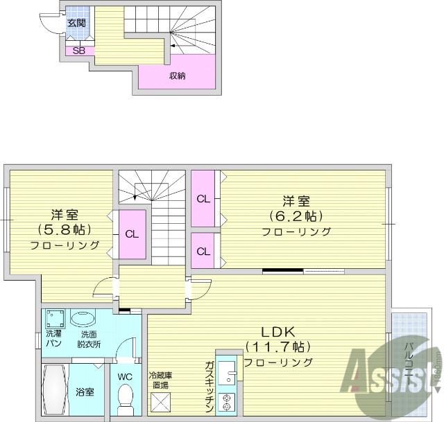 エクセラン TM(2LDK/2階)の間取り写真