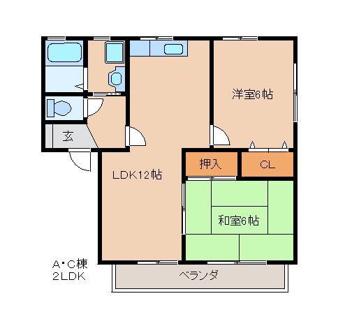アーバンライフ津福(2LDK/1階)の間取り写真