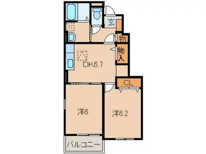 ブランシュ・フルール(2DK/1階)の間取り写真