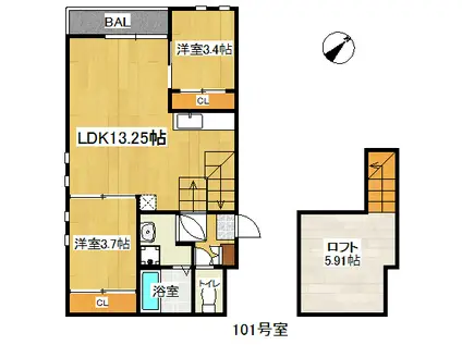 GRANDTIC TONGS 大橋(2LDK/1階)の間取り写真