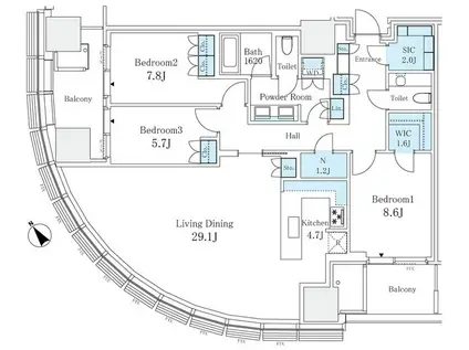 麻布台ヒルズレジデンス(3SLDK/28階)の間取り写真
