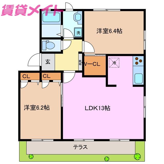 ナディア長折 B棟(2LDK/1階)の間取り写真