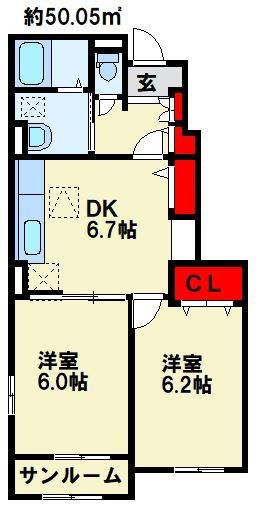 アヴニール II(2DK/1階)の間取り写真