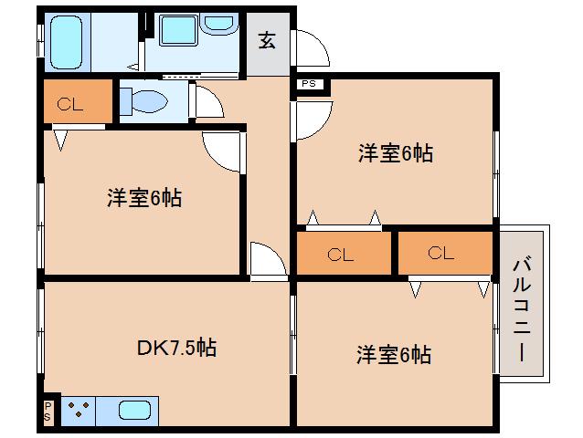 アルモニーハイツ広陵(3DK/1階)の間取り写真