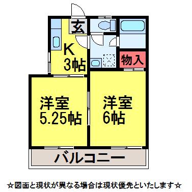 三輪三里塚ハイツ(2K/2階)の間取り写真