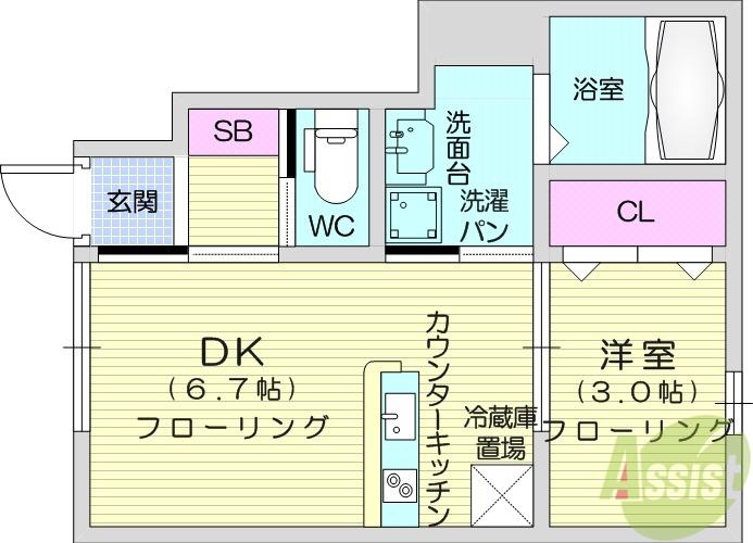 プレモリー長町南B棟(1DK/1階)の間取り写真
