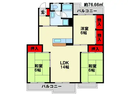 向山団地 1000棟(3LDK/2階)の間取り写真
