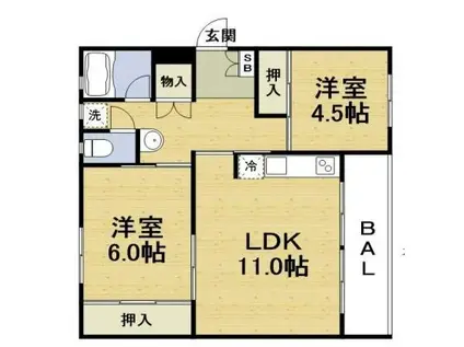 若山台26号棟/4F(2LDK/4階)の間取り写真