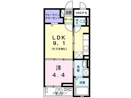 パルク栄光(1LDK/2階)の間取り写真