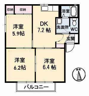 パークヒルA棟(3DK/1階)の間取り写真