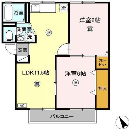 プレジール小野E棟(2LDK/2階)の間取り写真
