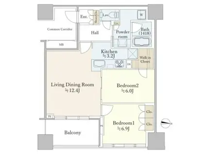 プラウドタワー亀戸クロスブライトタワー(2LDK/2階)の間取り写真