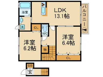 シャーメゾン稲田本町B(2LDK/2階)の間取り写真