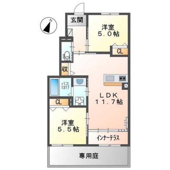 カーサ牛田本町(2LDK/1階)の間取り写真