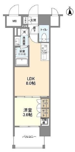 ソルレヴェンテ北堀江Q(1LDK/13階)の間取り写真