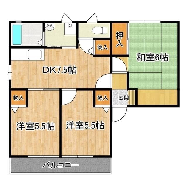 グランドゥールB棟(3DK/2階)の間取り写真