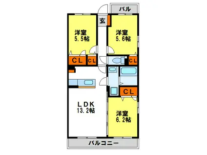 ハピネス筑紫駅前(3LDK/1階)の間取り写真