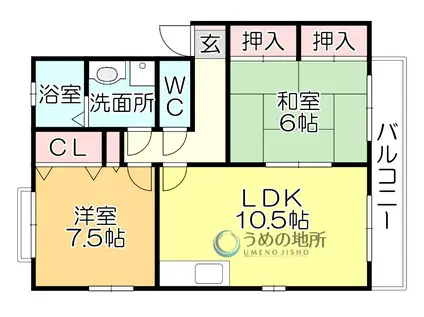 ヴィルヌ-ブ東櫛原B棟(2LDK/1階)の間取り写真