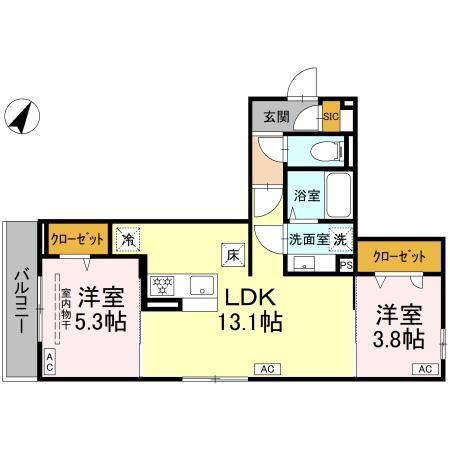 フラクタス湘南茅ヶ崎(2LDK/1階)の間取り写真