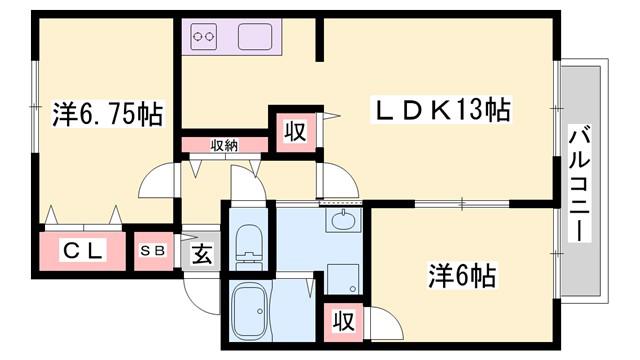 ハーベストウェルB棟(2LDK/2階)の間取り写真