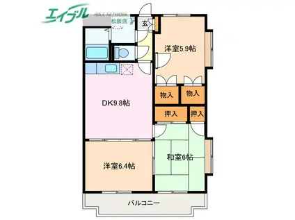 サンライズ駅部田(3DK/2階)の間取り写真