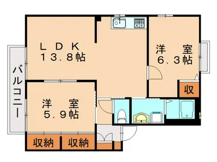 サンハイツ永犬丸  C棟(2LDK/2階)の間取り写真