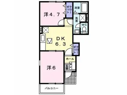 ヴィラージュ波風D(2DK/1階)の間取り写真