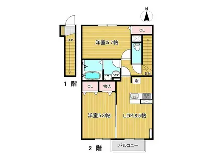 ユニティー郡山北I(2DK/2階)の間取り写真