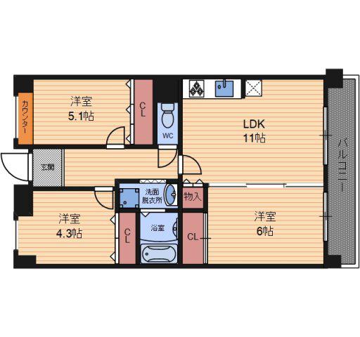 CH158RESIDENCE NAKANOSHIMA(3LDK/4階)の間取り写真