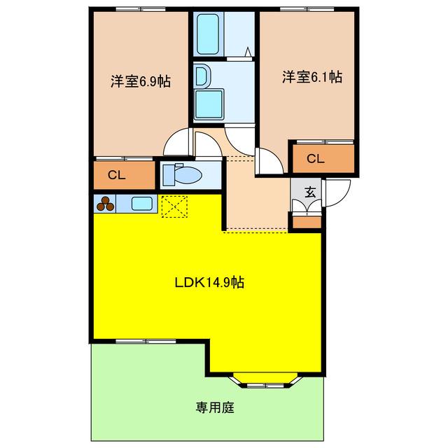 ヴィラ ルミナスB(2LDK/1階)の間取り写真