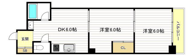 エフアールみなと通(2DK/6階)の間取り写真