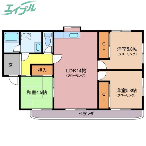 第2シャトーナツヤマ(3LDK/2階)の間取り写真