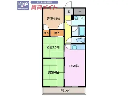 リパルティーレ津新町 B棟(3LDK/2階)の間取り写真