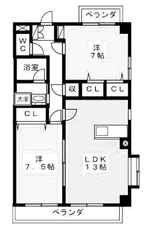 フェリシア一宮(2LDK/3階)の間取り写真