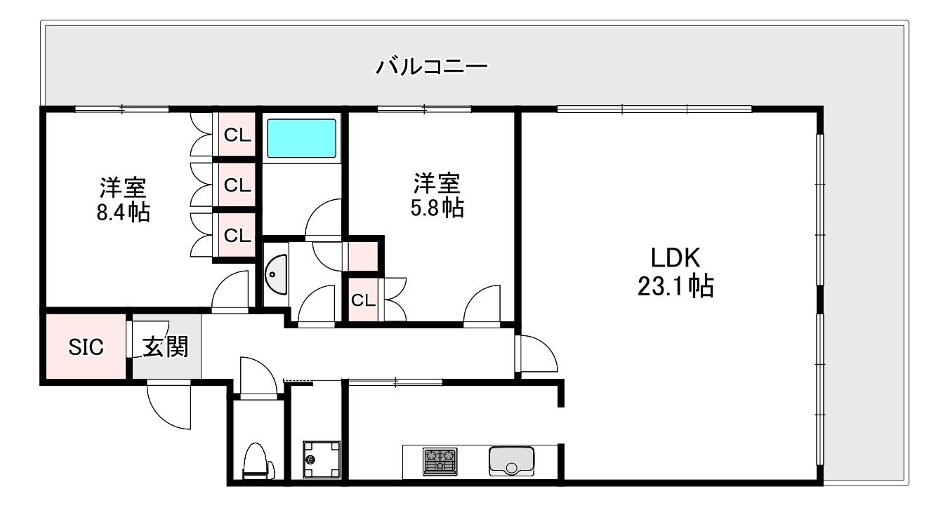 ヴィークタワー南堀江(2LDK/30階)の間取り写真
