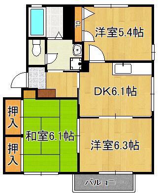 クエストヒル陣原B棟(3DK/2階)の間取り写真