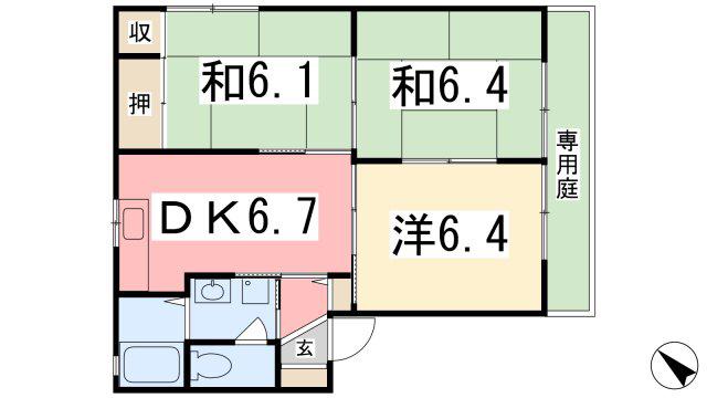 ディアス鵤 A棟(3DK/1階)の間取り写真