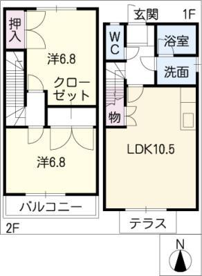 アンアレット北川B棟(2LDK/2階)の間取り写真