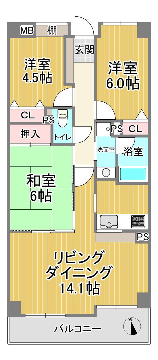 ローレルコート谷町(3LDK/14階)の間取り写真