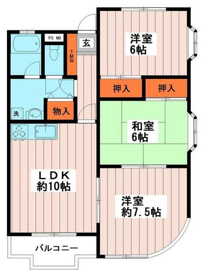 グランディールA棟(3LDK/2階)の間取り写真