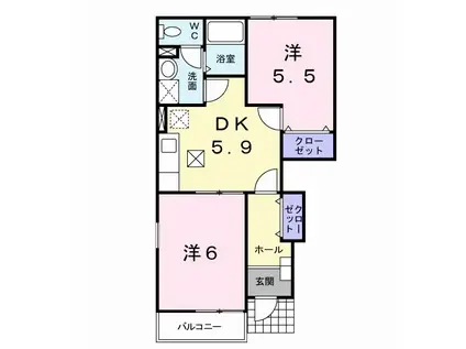 アヴェニール葉中(2DK/1階)の間取り写真