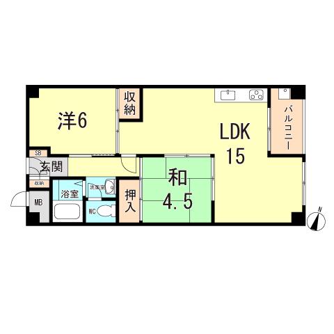 夢野ハイタウン1号棟(2LDK/4階)の間取り写真