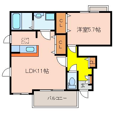 AURORA八尾(1LDK/1階)の間取り写真