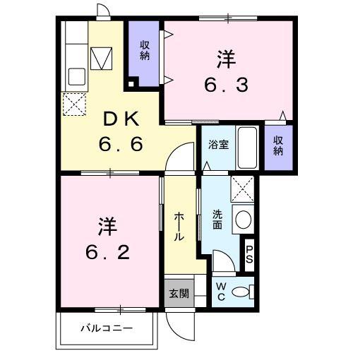 パルテール南 B棟(2DK/1階)の間取り写真