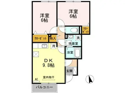 ファミリエB棟(2DK/1階)の間取り写真