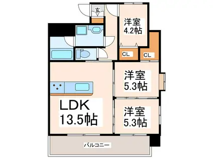新屋敷ピアッツァビル(3LDK/4階)の間取り写真
