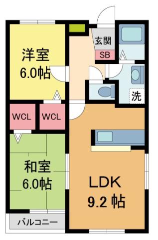 ソレアード甲東園(2LDK/2階)の間取り写真